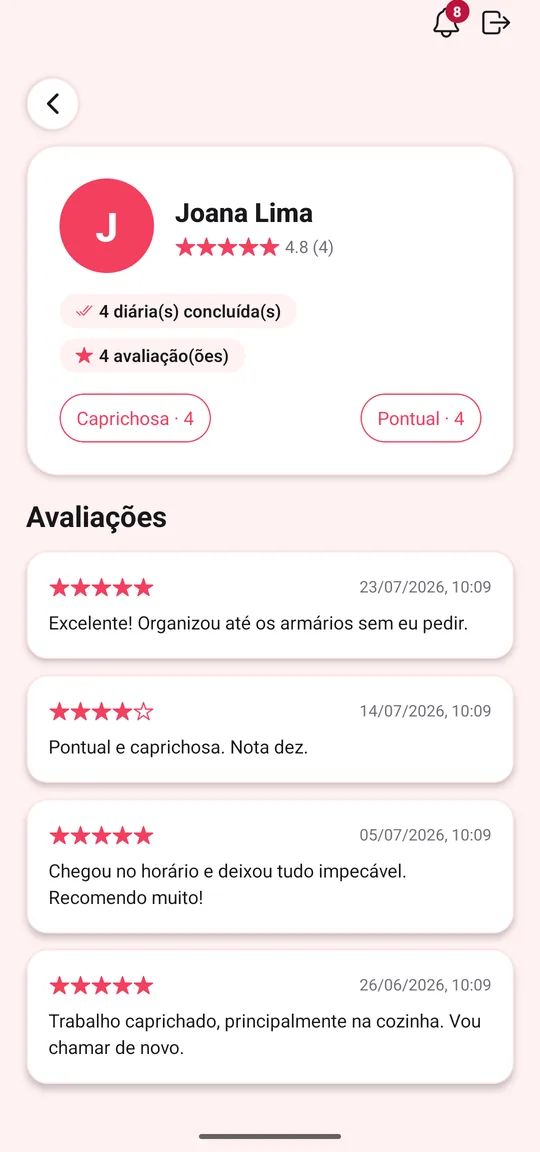 Perfil de uma diarista no aplicativo, com a nota média, o número de diárias concluídas e os comentários de quem contratou