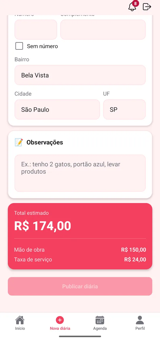 Tela de nova diária no aplicativo, mostrando o total estimado separado em mão de obra e taxa de serviço antes de publicar